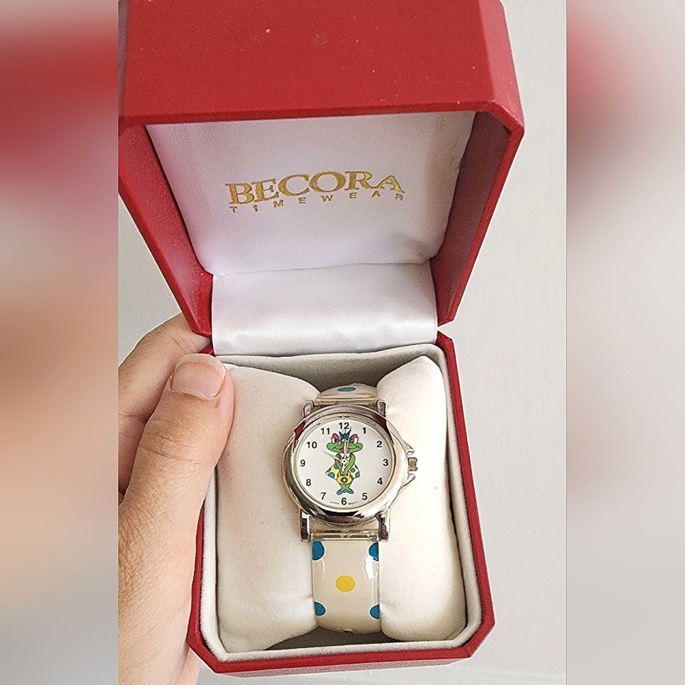 Vintage 1990s kids novelty watch frog in a polka dot dress matching jelly strap